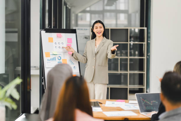 istock Confident businesswoman presenting data charts and graphs during an office meeting. 2158254853