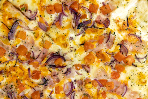 fresh pizza with cheese, tomatoes and sauces, delicious pizza with a small amount of meat