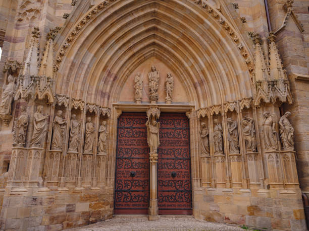 Erfurt, Germany - May 21, 2023: Erfurt Cathedral Located on a hill, Catholic church is built in Romanesque and Gothic style with exquisite stained glass windows.