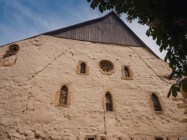 Basilika St. Kastor of basiliek van Saint Castor in Koblenz, Duitsland, vooraanzicht van de oudste kerk in de stad tegen een blauwe hemel, kopie ruimte