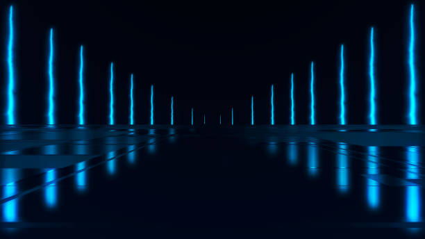 istock Abstract colorful background with bright neon rays and glowing lines. Wet asphalt, night view. Bright reflection on the concrete floor. Night empty stage, studio. Dark abstract background. 3D rendering 2158256533