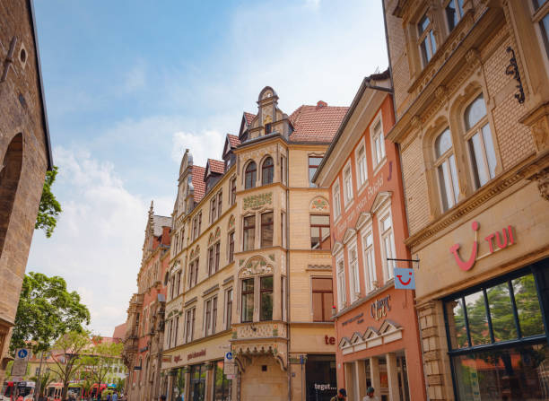 Erfurt, Germany - May 21, 2023: facades of buildings in city center, historical heritage.