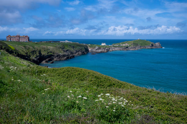 Aerial view of calm bay and rugged coastline