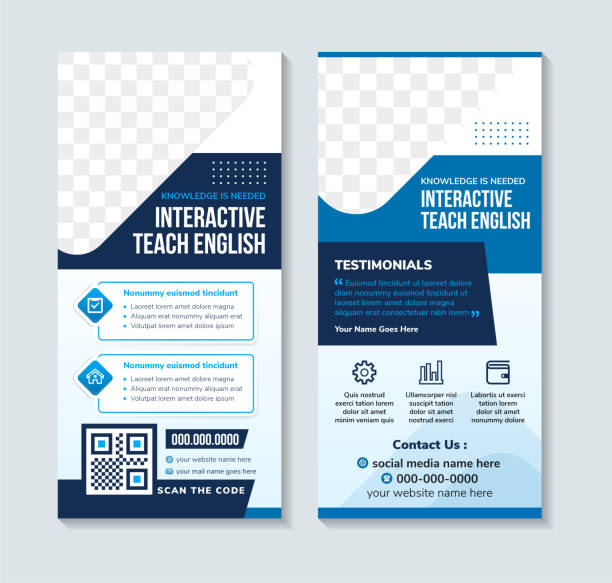 interaktivní výuka angličtiny, znalosti jsou potřeba design roll up banner. šablona stojanu brožura leták šablona vektorové ilustrace. moderní abstraktní pozadí s vertikálním rozložením obdélníkové velikosti. - leták stock ilustrace