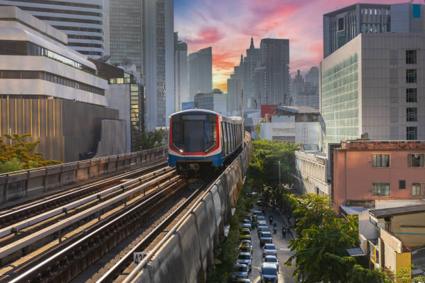 istock BKK BTS Bangkok Mass Transit System Sky train which is an elevated tram over the busy streets oh BKK Thailand 2158260954