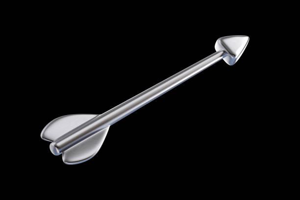 3d silver arrow icon. Traditional target medieval arrow isolated on black background. 3d rendered illustration
