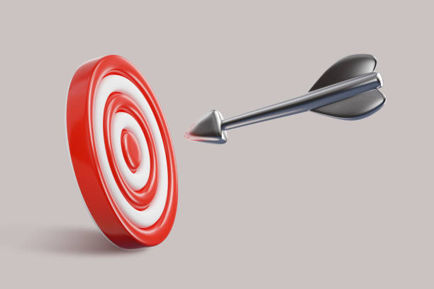 istock 3d rendered illustration of red round shaped target with silver arrow representing concept of setting goals correctly. Aiming at target, reaching goal 2158261724