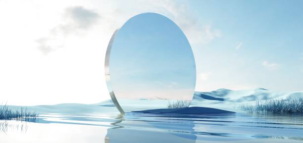 istock 3d render of surreal landscape with mirror shapes and objects 2158263749
