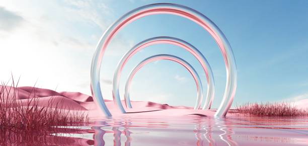 istock 3d render of surreal landscape with mirror shapes and objects 2158263769