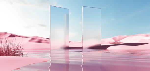istock 3d render of surreal landscape with mirror shapes and objects 2158263781