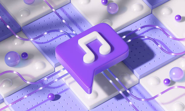 3D illustration featuring a musical note within a purple chat bubble, set against an abstract background of interconnected blocks and spheres. This image represents digital music, streaming technology, and modern communication in the music industry. Perfect for themes related to online music, audio content, and innovative music solutions.