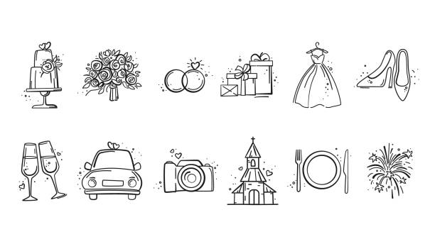 Wedding elements collection Hand Drawn Marriage Icons Set. Wedding, bride, love, celebration. Timeline menu on wedding theme. Vector wedding illustrations for invitations, greeting cards, posters modern church logos stock illustrations