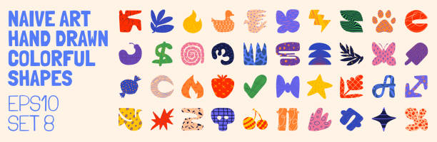 Collection of minimalistic bizarre abstract geometric shapes and forms with different textures in contemporary style, Hand drawn colorful primitive, Vector doodle objects and graphic elements, set 8 Collection of minimalistic bizarre abstract geometric shapes and forms with different textures in contemporary style, Hand drawn colorful primitive, Vector doodle objects and graphic elements, set 8 innocence stock illustrations