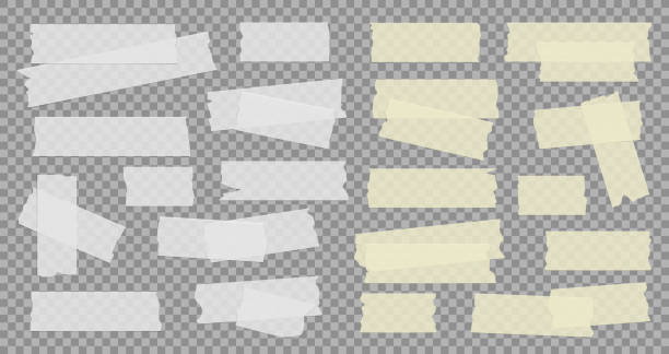 Vector set of white and yellow transparent adhesive tape. Duct tape strip. Torn pieces of masking tape isolated on transparent background.
