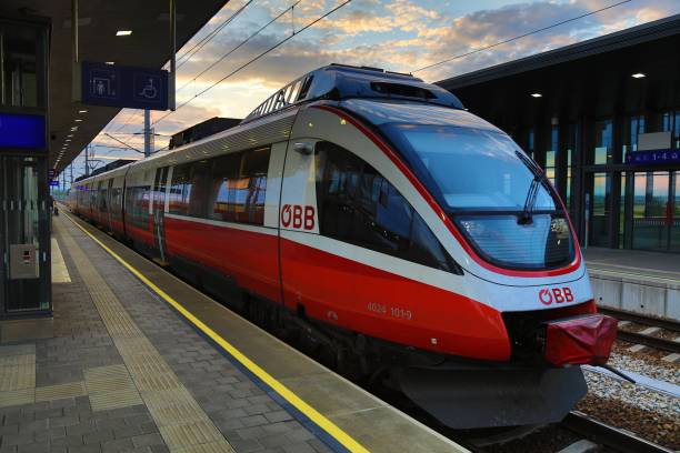 Bombardier Talent passenger train of Austrian Federal Railways OBB at Tullnerfeld station in Austria.