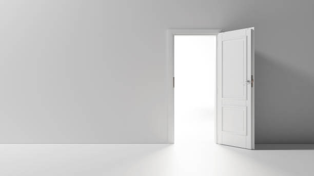 istock 3d render, light going through the open door isolated on white background. Architectural design element. Modern minimal concept. Opportunity metaphor 2158277115