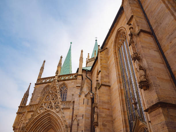 Erfurt, Germany - May 21, 2023: Erfurt Cathedral Located on a hill, Catholic church is built in Romanesque and Gothic style with exquisite stained glass windows.