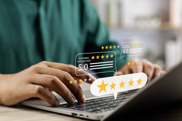 istock Online customer satisfaction Survey service concept, client rate service from experience in application,Consumer give five-Stars and feedback review for quality, Business reputation ranking from buyer 2158278578