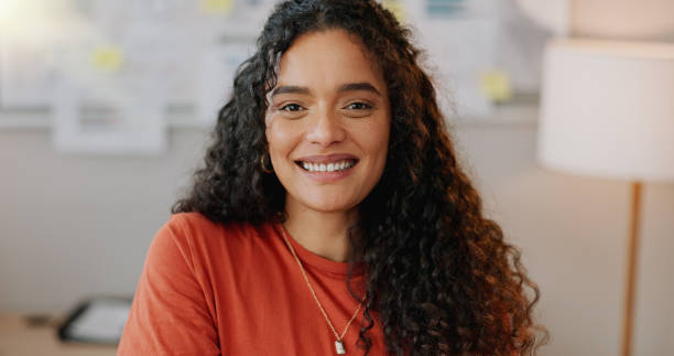 istock Design, portrait and smile with creative woman in office for administration or project management. Face, small business or startup with happy employee in professional agency workplace for career 2158279992