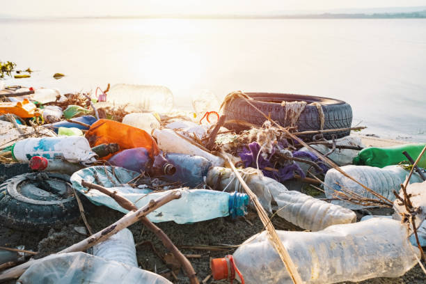 istock Ecological problem.Spilled garbage on beach big city on sunset day. Empty used dirty plastic bottles, household rubbish. Dirty sea, sandy coast of Black Sea. Environmental pollution 2158280980