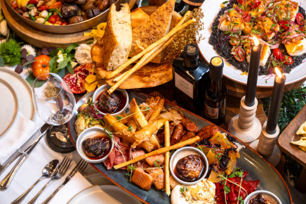 istock Overhead view of place settings and appetizers 2158281212