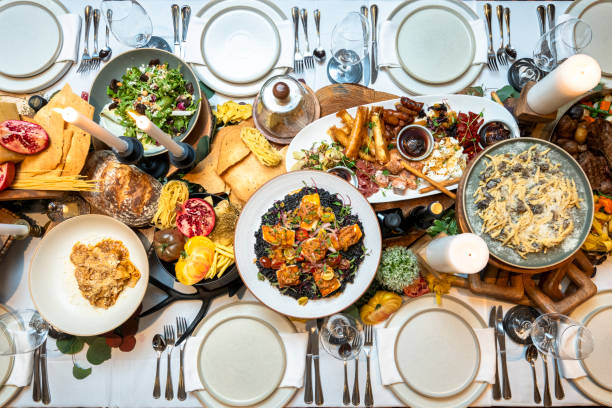 istock Overhead view of place settings and appetizers 2158281248