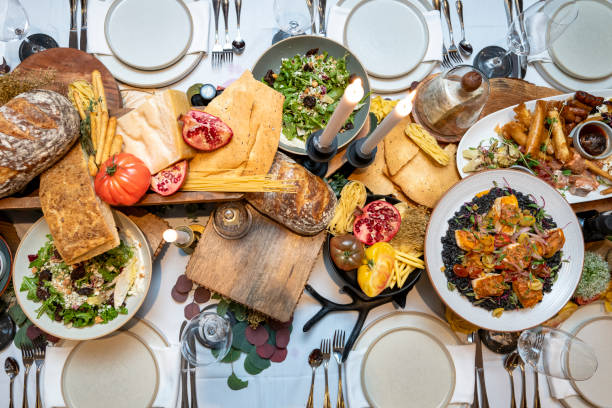 istock Overhead view of place settings and appetizers 2158281999