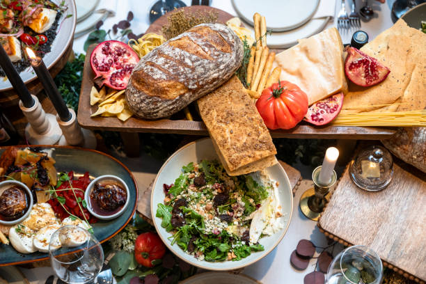 istock Overhead view of place settings and appetizers 2158282205