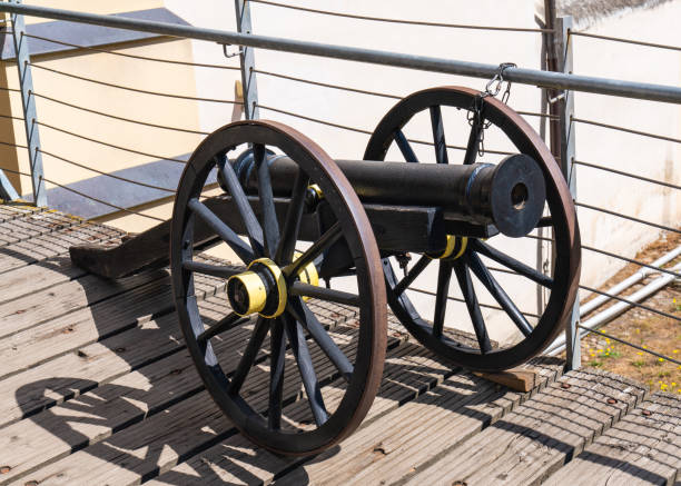 A cannon with a yellow barrel is sitting in a field. The barrel is open and the cannon is surrounded by green bushes
