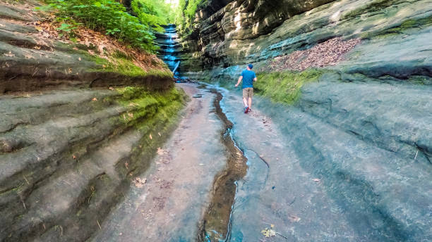 Man Hikes in a Sandstone Rock Canyon