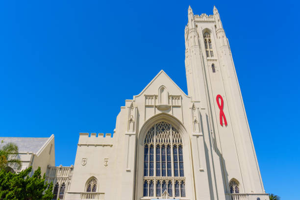 Los Angeles, California - April 10, 2024: Hollywood United Methodist Church building towering into a clear blue sky.