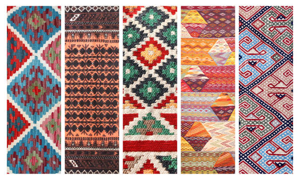 istock Set of vertical or horizontal banners with textures of berber traditional wool carpet with geometric pattern, Morocco, Africa 2158291603