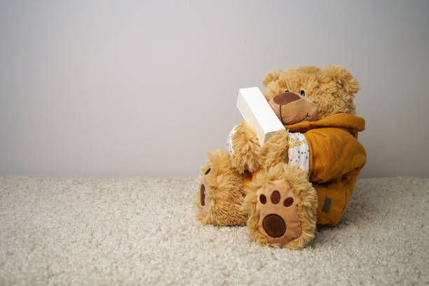 White box, white bottle, teddy bear. Packaging mockup, children's theme.