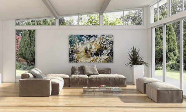istock Large luxury modern bright interiors Living room mockup illustration 3D rendering image 2158301086