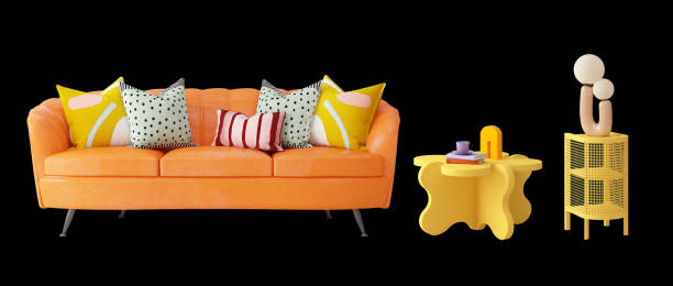 istock Orange sofa with colorful pillows and table isolated.3d rendering 2158302074