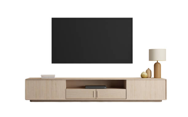 istock Modern wooden TV cabinet with table lamp isolated.3d rendering 2158302087
