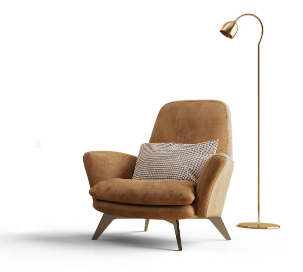 Leather brown armchair with pillow and floor lamp isolated.3d rendering