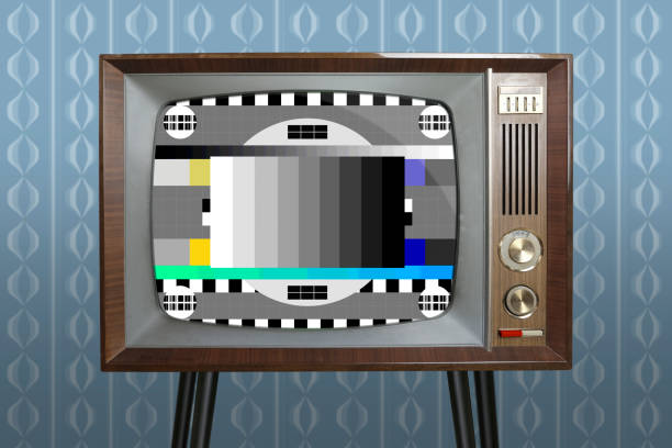 old retro analog TV in room with old fashioned wallpaper, red button, blank screen for designer with copy space, 1960-1970, concept modernization or technological revolution, mockup, template