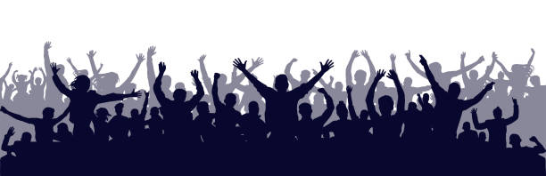 illustrations, cliparts, dessins animés et icônes de crowd of people silhouette, cheerful fans people. big event, concert or sport. vector illustration - acclamation de joie
