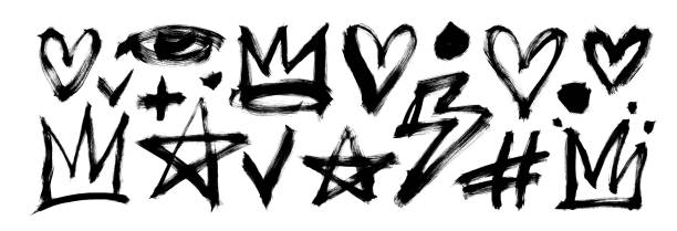 istock Collection of scribble doodle shapes with dry brush texture. Hand drawn crowns, stars, eye, lightning and hearts. Brush drawn graffiti and grunge style elements. Vector shapes in punk style. 2158310453