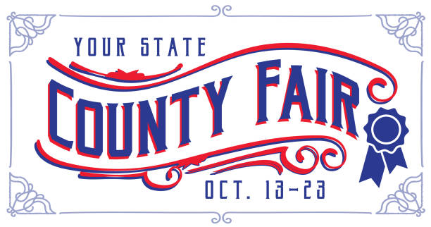 Vector illustration of a Old fashioned County Fair Blue Ribbon Label Design template with blue ribbon and decorative frame elements on white background. Colorful and vibrant easy to edit or customize.