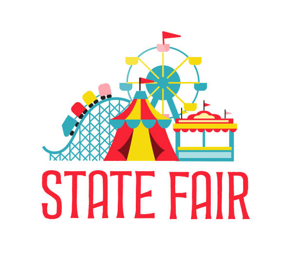 kuvapankkikuvitukset aiheesta värikäs state fair label design -malli, jossa karnevaaliteltta, maailmanpyörä, vuoristorata ja toimiluparuokakoju - huvipuistolaite