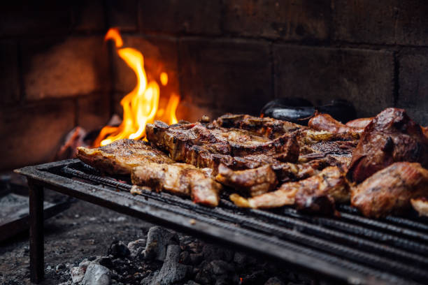 Barbeque, bbq meat cooking on grill.