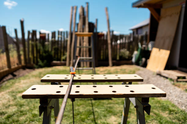 Carpenter's design material in a house backyard