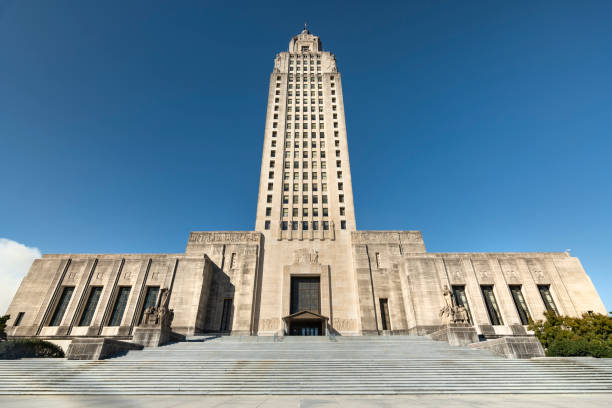 Louisiana State Capitol Building exterior located on the eastern bank of the Mississippi River.  Baton Rouge is the capital city of the U.S. state of Louisiana