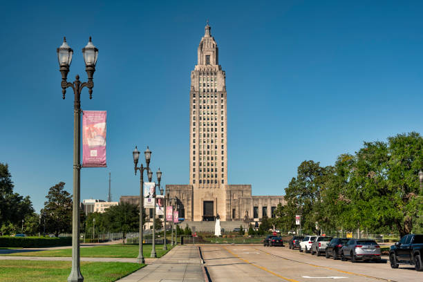 Baton Rouge, Louisiana USA - November 3, 2023:  Louisiana State Capitol Building exterior located on the eastern bank of the Mississippi River.  Baton Rouge is the capital city of the U.S. state of Louisiana