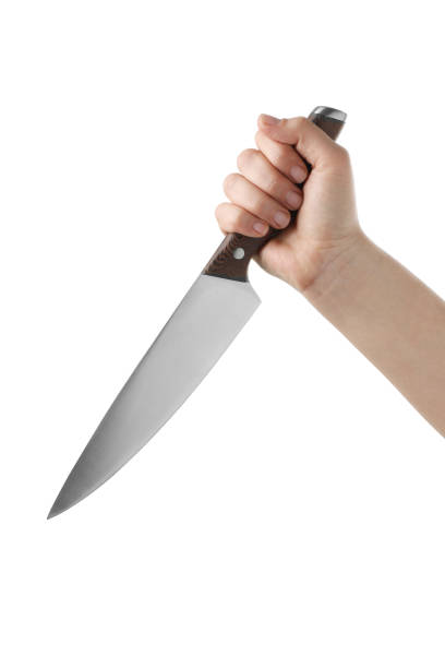 istock Woman holding knife on white background, closeup 2158327596