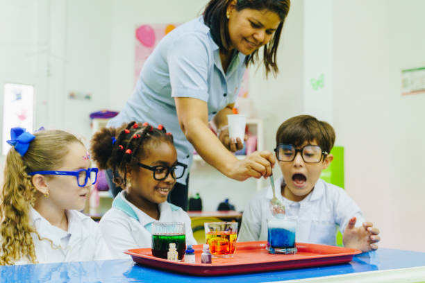 istock Teacher helping children with scientific experiment in school laboratory 2158327773