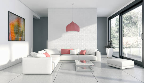 istock Large luxury modern bright interiors Living room mockup illustration 3D rendering image 2158329279