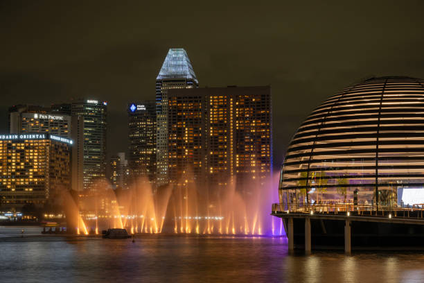 Singapore, Singapore - April 2, 2024. Fountain light show on Marina Reservior at night, Singapore